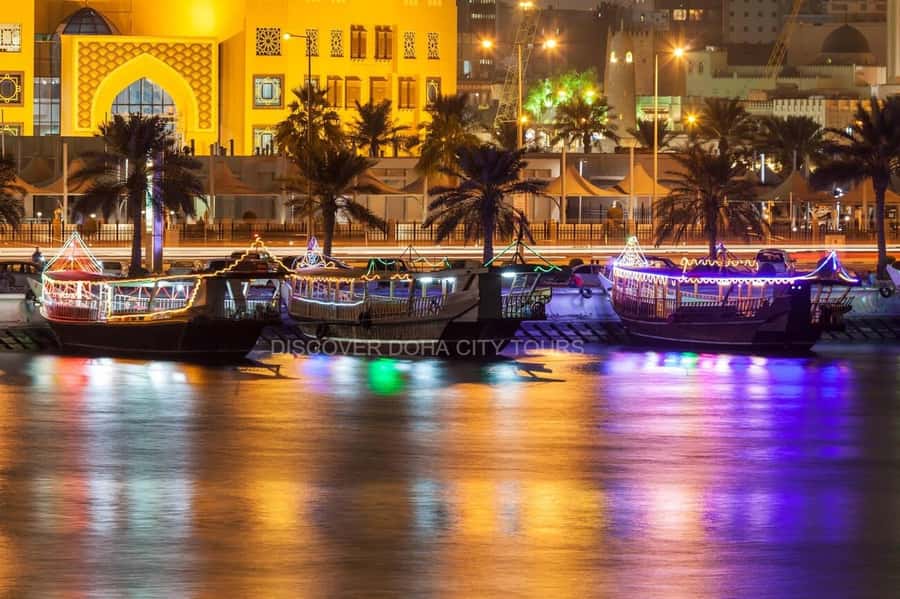Doha: Moonlight Adventure City Tour with Arabic Dhow Cruise - The Pearl-Qatar and Porto Arabia show modern Doha
